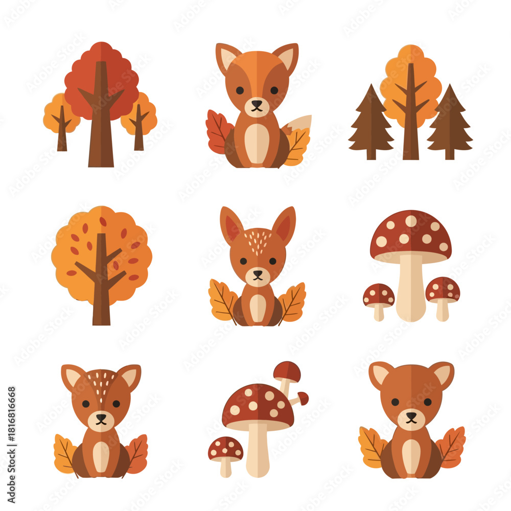 Fototapeta premium Delightful autumnal arrangement of whimsical woodland creatures and trees design