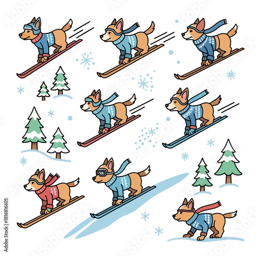 Winter wonderland with stylish dogs enjoying a fun day skiing down snowy slopes