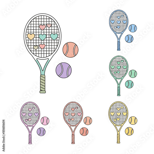 Whimsical tennis art featuring a racket adorned with pastel hearts and bouncing balls set