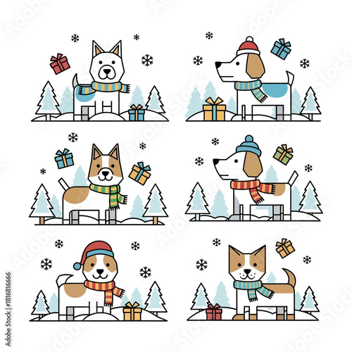 Festive canine companions: A delightful winter holiday illustration with charming dogs and gifts