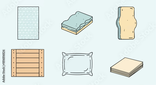 Set of vector outline icons illustrating various comfortable sleep elements, including mattresses, pillows, and bed frames, perfect for bedroom, comfort, and furniture concepts