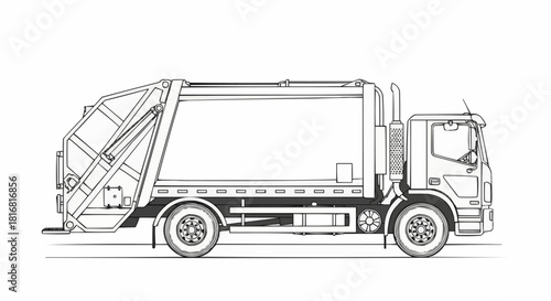Garbage Truck Side View Outline Illustration of a Waste Collection Vehicle for Recycling and Disposal