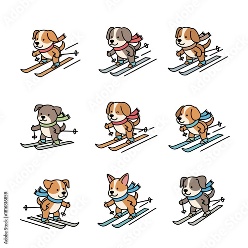 Adorable puppies showcasing winter sportsmanship skiing with scarves on a snowy day