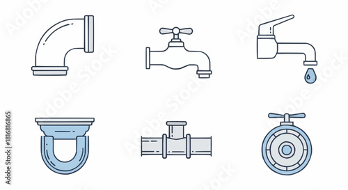 Water Pipe Fixture Icons Set of plumbing elements for diverse applications and design projects
