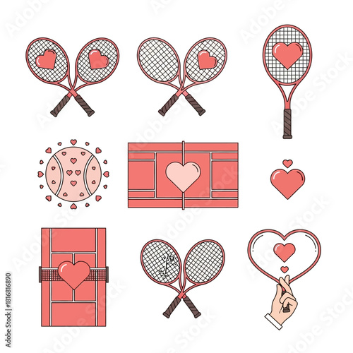 Whimsical tennis elements adorned with affectionate heart motifs for romantic sporting spirit