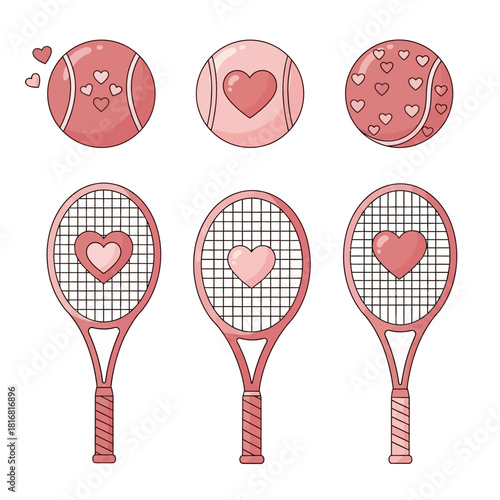Whimsical tennis illustration featuring heart designs for love and sports enthusiasm