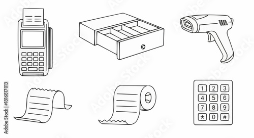 Set of retail checkout equipment icons including a POS terminal, cash drawer, and barcode scanner in a simple line art style