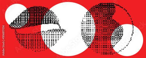 Retro dither circle composition for video. Vintage bitmap texture. Bit gradient circles for graphic layouts . Pixel gradients effect. 