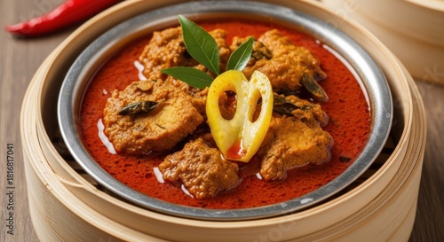 Delicious chicken curry in bowl with garnish and red pepper