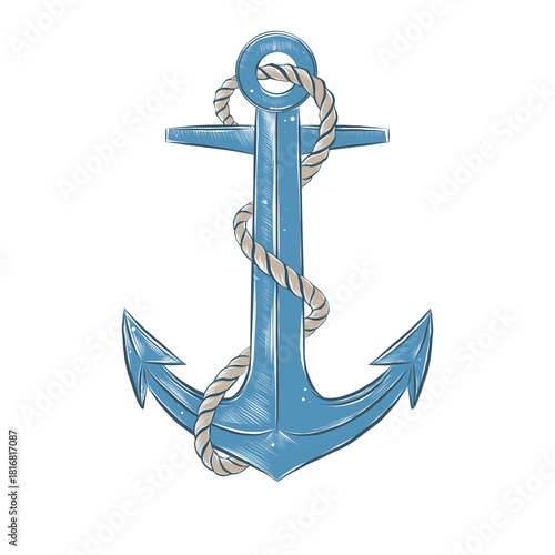 Hand Drawn Blue Anchor with Rope on White Background