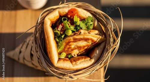 Delicious chicken wrap with fresh vegetables in a unique presentation