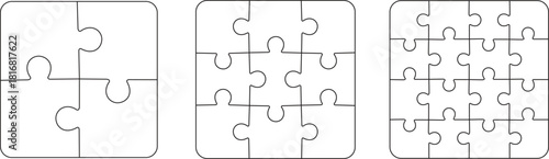 Set of Square Jigsaw Puzzle Templates with 4, 9, and 16 Pieces for Solution, Problem Solving, and Teamwork