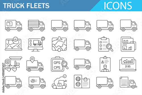 Line-art icon bundle for supply chain, trucking, dispatching, and logistics apps