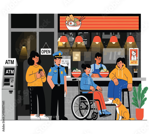 Illustration of urban night scene at a ramen shop, showing diverse people including a police officer, a customer in a wheelchair, and a server, with atms nearby