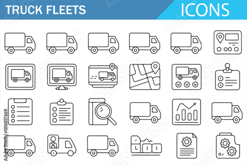 Professional fleet operations icon set with delivery vehicles and tracking elements