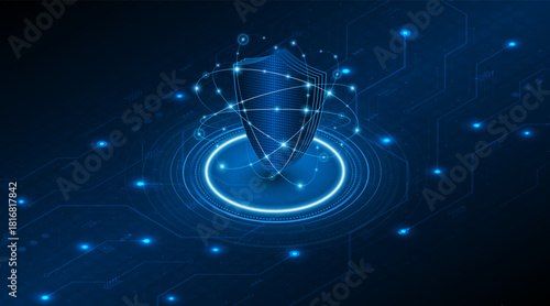 Abstract technology circuit board background with shield symbols concept of data protection and cyber privacy. modern security technology innovation concept background	