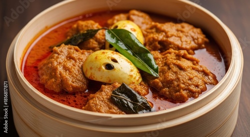 Delicious curry dish with eggs and meat served in a wooden bowl