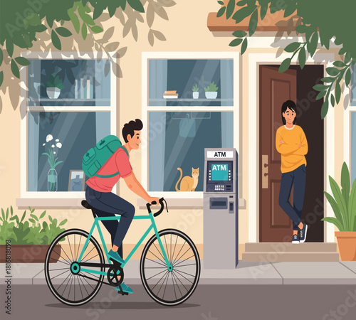 Illustration of a man on a bicycle rides past a house with an outdoor atm, a woman at the doorway, illustrating urban daily life, sustainable transport, and banking