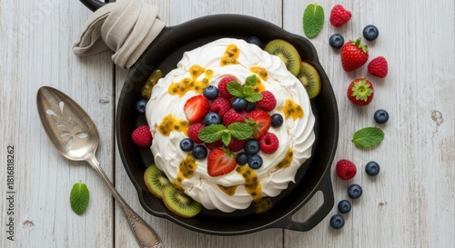 Delicious dessert with whipped cream and assorted fresh berries