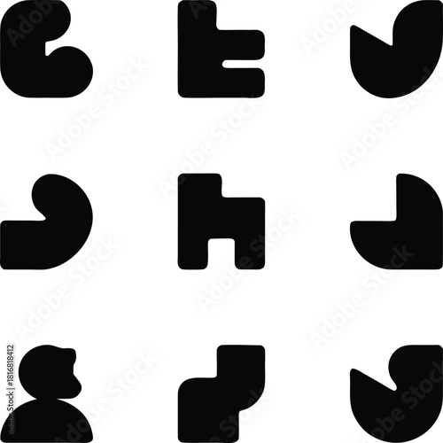 8 identical black silhouette cliparts on transparent PNG, clean grid layout, sharp minimalist vector shapes, perfect for commercial design.