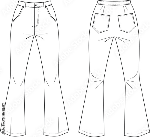Flared pants fashion sketch, front and back view, technical garment illustration, denim style, sewing details, pattern making, apparel design