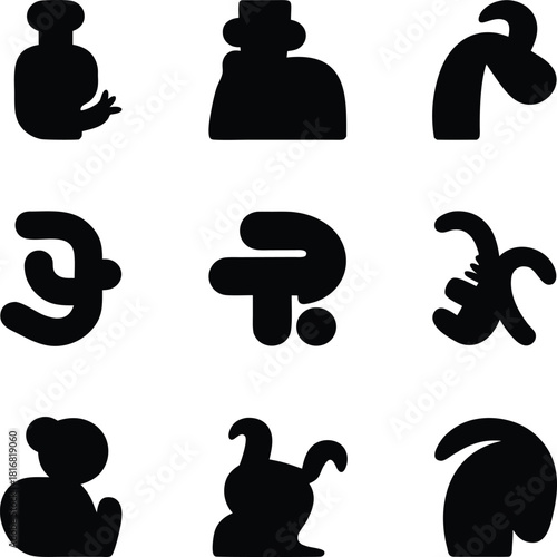 8 minimalist black silhouette cliparts on transparent PNG, same theme with slight variations, smooth solid shapes, modern and commercial-ready.