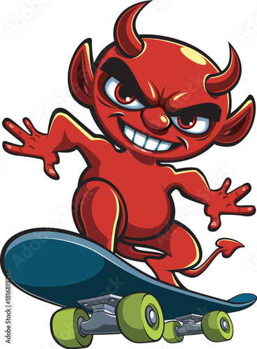 Cartoon style red devil riding on a Skateboard 