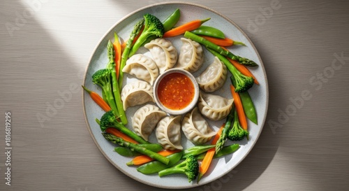 Delicious dumplings with vegetables arranged on a plate top view
