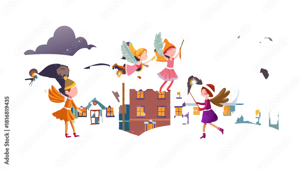 Fototapeta premium Cartoon Christmas fairies spreading sparkling magic dust across snowy rooftops to light up holiday lanterns