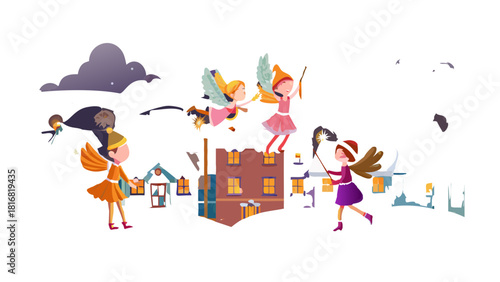 Cartoon Christmas fairies spreading sparkling magic dust across snowy rooftops to light up holiday lanterns