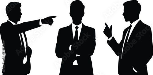 Unique silhouette icons of business leaders in clean vector, dark navy/charcoal, distinct leadership poses, minimal detail, isolated on white, ideal for corporate or digital design.