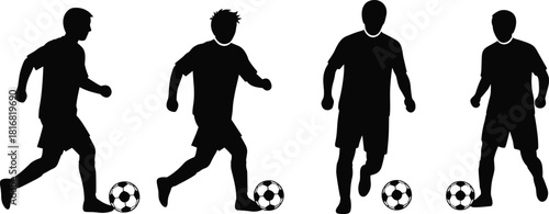 Soccer player silhouettes, ball poses, athletic motion, sports icon, black figures, dynamic stance, kicking action, teamwork, game energy, training