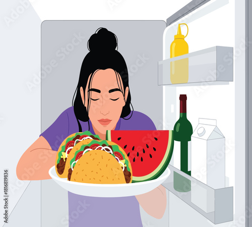 Illustration of a woman looking into an open refrigerator, holding a plate with tacos and a slice of watermelon, contemplating her food choices for a meal or snack