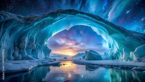 Ice cave with aurora and sunset glow