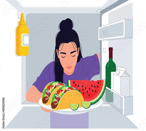 Illustration of a woman looking into an open refrigerator, holding a plate with tacos and a slice of watermelon, contemplating her food choices for a meal or snack