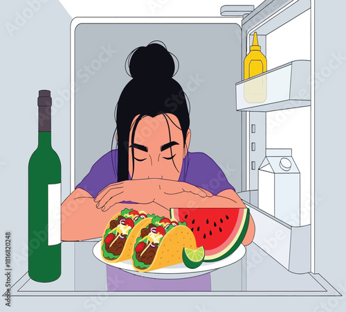 Illustration of a woman looking into an open refrigerator, holding a plate with tacos and a slice of watermelon, contemplating her food choices for a meal or snack