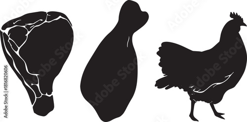 Meat Cuts Silhouette Selection Featuring Steak Chicken Thigh and a Whole Chicken Ready to Cook for Dinner or Barbecue