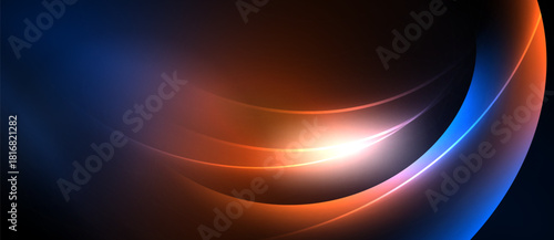 Abstract design features flowing curves, vibrant colors. Orange, blue hues blend creating dynamic visual effect. Light radiates from center.