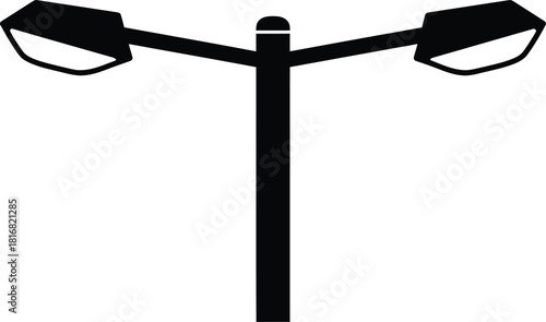 A minimalist black silhouette of a double headed street lamp with a central pole and two lights extending outwards on a clean white background