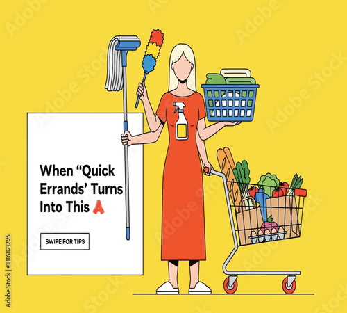 Illustration of a busy woman with multiple arms efficiently manages various household tasks and grocery shopping, symbolizing multitasking and modern life demands