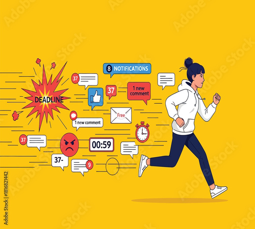 Illustration of a person running from an exploding deadline and a barrage of digital notifications, symbolizing stress, time pressure, and the overwhelming nature of modern life