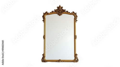 Ornate antique gilded baroque style full length mirror with carved decorative frame isolated on transparent background
