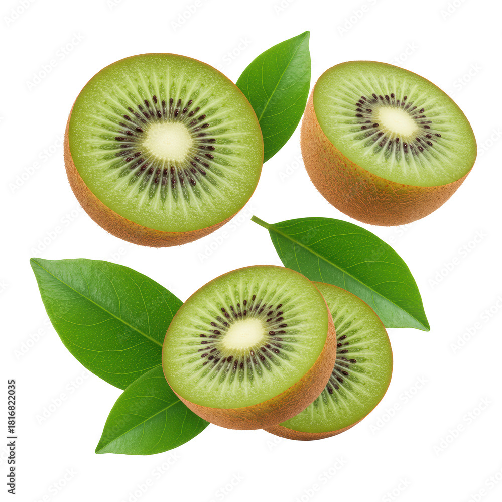 Fototapeta premium Vibrant kiwi halves, emerald flesh, black seeds, green leaves suspended on a bright white background with high-key lighting. Concept of healthy natural food