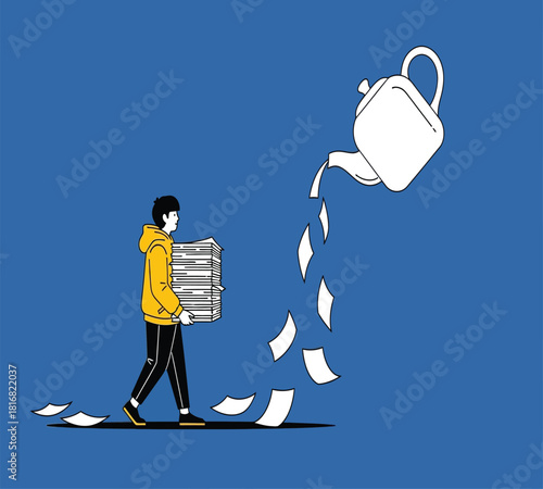 Illustration of a person carries a stack of papers while a teapot pours more documents, illustrating information overload, bureaucracy, and the continuous flow of tasks