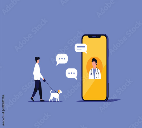 Illustration of a person walks their dog while engaging in an online veterinary consultation via a mobile phone application, illustrating modern pet care and telehealth services for animals