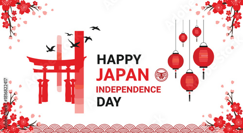 Japan Independence Day, torii gate, cherry blossoms, red lanterns, cultural celebration, traditional symbols, flying birds, festive design, heritage, national pride