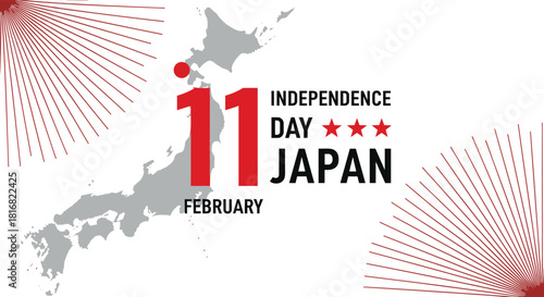 Japan Independence Day, February 11, red stars, map silhouette, national pride, celebration design, bold typography, cultural holiday, radial lines, heritage