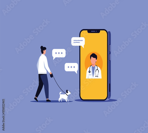 Illustration of a person walks their dog while engaging in an online veterinary consultation via a mobile phone application, illustrating modern pet care and telehealth services for animals