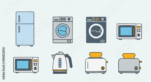 Assorted household appliances in line art refrigerator, washing machines, microwave, toaster, kettle
