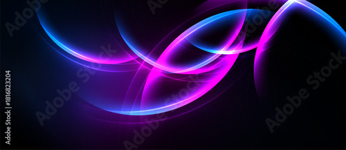 Abstract glowing lines, vibrant blue, pink hues. Dark background creates dramatic visual impact. Smooth curves suggest movement, energy.